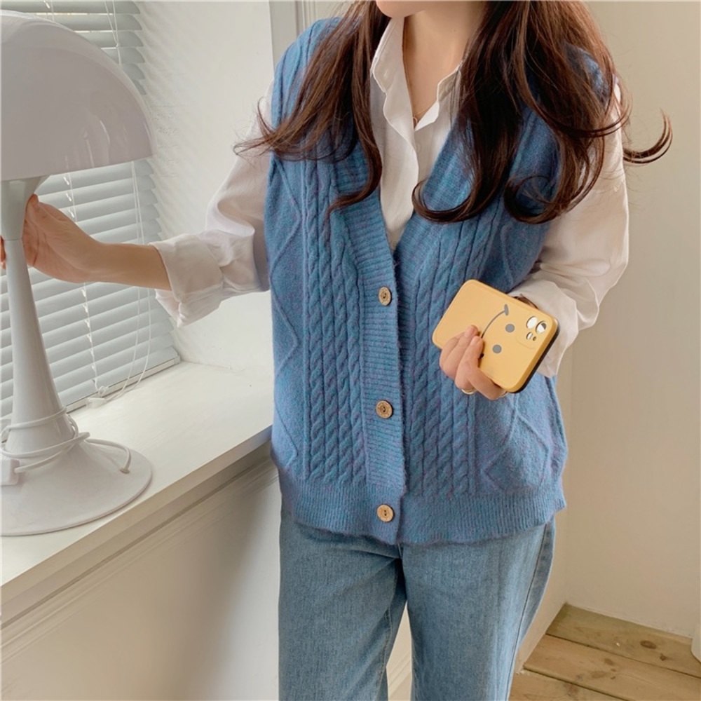 Korean Vintage V-Neck Knitted Sweater Vest - Blue - Picture 1 of 10